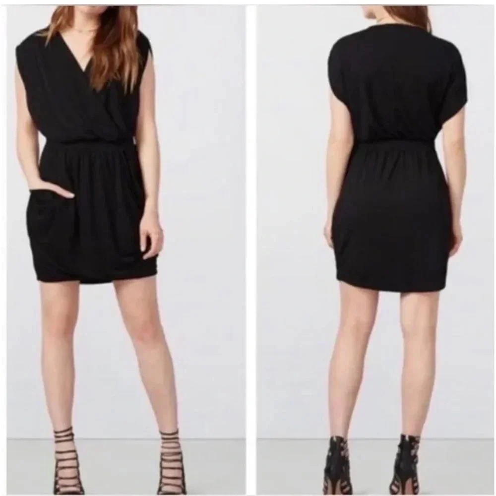 Rachel Roy 24Hour Black Dolman Sleeve Wrap Plunge Front Pocket Mini Dress Size M